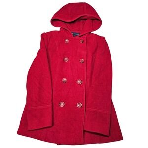 VTG Anne Klein 80% Wool Red Hooded Peacoat 90s Old Money Quiet Luxury Winter Med